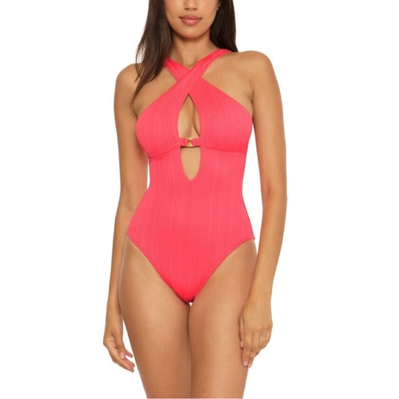 Becca by Rebecca Virtue Women's MoonRidge Rib High Neck One Piece Swimsuit